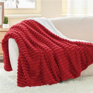 Super Soft Sherpa Throw Blanket Cozy Fleece Plush Warm Couch Striped Blanket Red